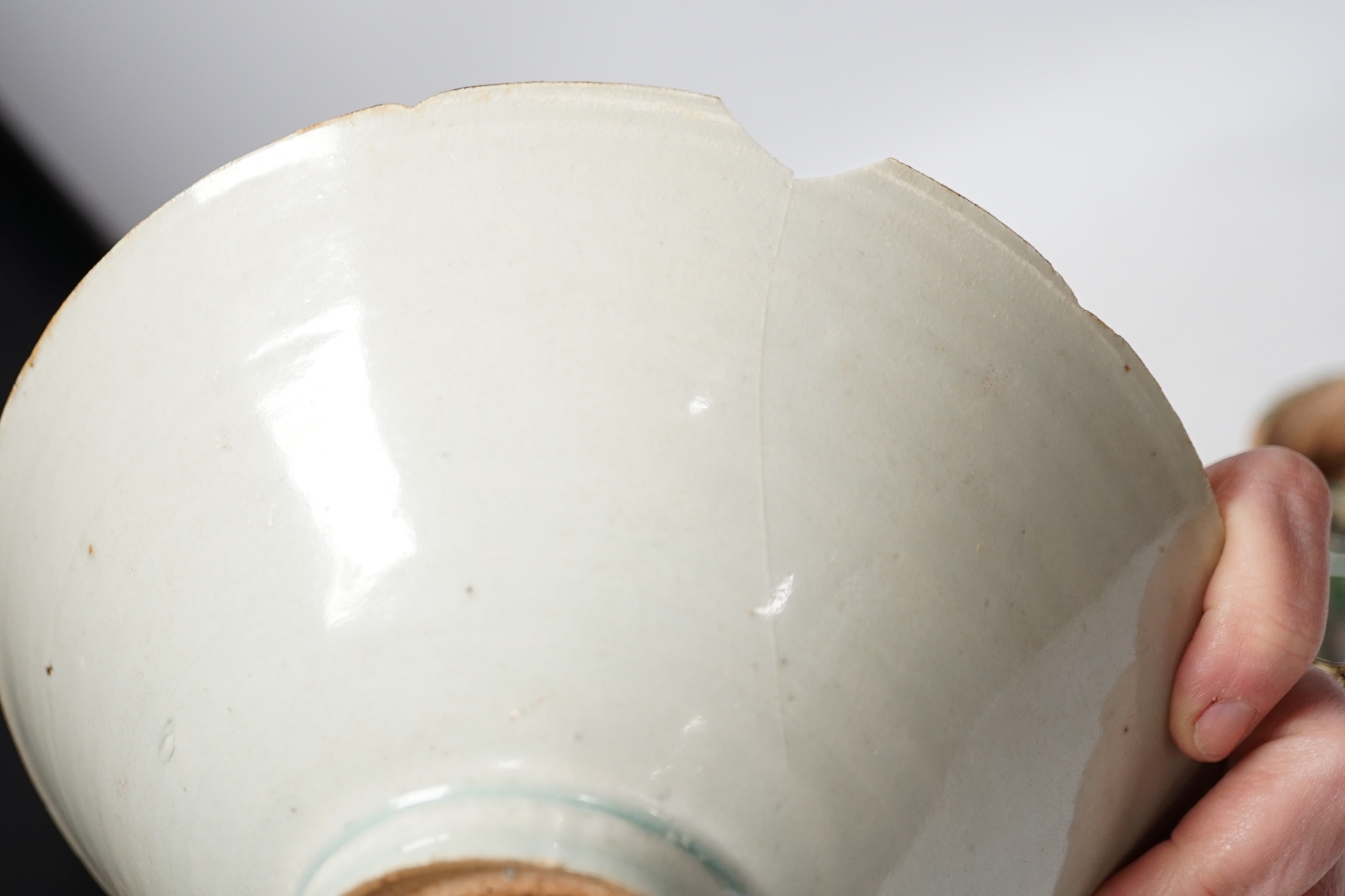 A Chinese incised Qingbai bowl, Song Dynasty and two green glazed Ming Dynasty pottery models of vessels, bowl 20cm diameter